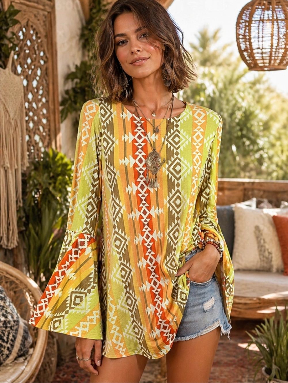 L & B Aztec Bright Print Knit Tunic Top Bell Sleeves Angel Sleeves sz S - Picture 10 of 10